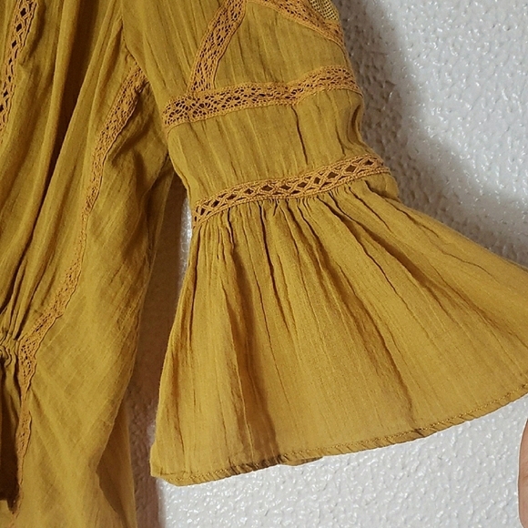 Free People Mustard Crop Top Tie Front 3/4 Bell Sleeves Lace Mesh Cotton Size S - Picture 6 of 16